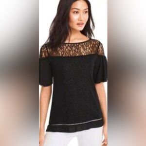 White House Black Market Blouse Black Lace Yoke/Shoulders Lace  Bodice XS 👍